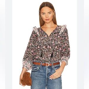 Cleobella Floral Tassle Blouse - Black and Pink